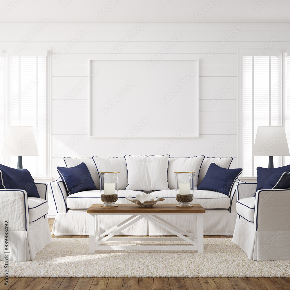 Hampton style living room interior with frame mockup, 3d render - obrazy, fototapety, plakaty 