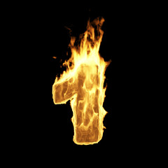 Wall Mural - burning flame of fire numbers isolated on black background (number 1). 3d rendering