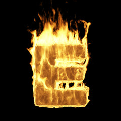 Wall Mural - burning flame alphabet. fire letters isolated on black background (letter e). 3d rendering