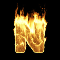 Wall Mural - burning flame alphabet. fire letters isolated on black background (letter n). 3d rendering