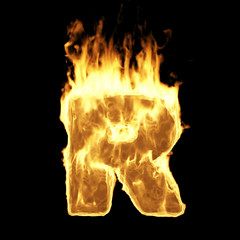 Wall Mural - burning flame alphabet. fire letters isolated on black background (letter r). 3d rendering