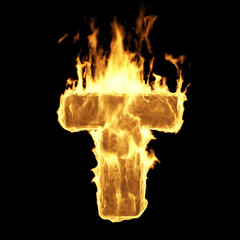 Wall Mural - burning flame alphabet. fire letters isolated on black background (letter t). 3d rendering