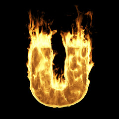 Wall Mural - burning flame alphabet. fire letters isolated on black background (letter u). 3d rendering