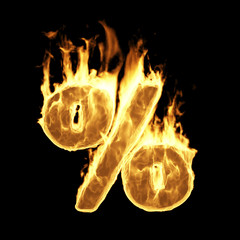 Wall Mural - percentage sign and symbol in fire flame on black background. big sale concept