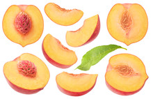 Isolated Peaches Collection. Pieces Of Fresh Peach Fruits Of Different Shapes Isolated On White Background