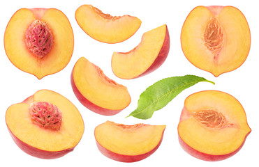 Fototapete - Isolated peaches collection. Pieces of fresh peach fruits of different shapes isolated on white background
