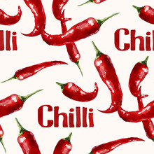 Seamless Watercolor Red Hot Chili Peppers Background Pattern. Hand Drawing Chilli