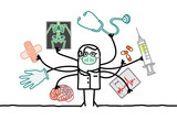 Fototapeta  - Multitasking cartoon doctor with many arms and medical objects