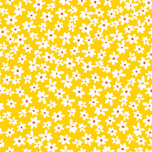 Vector Yellow Scattered Fun Daisy Flowers Repeat Pattern With Orange Center. Suitable For Textile, Gift Wrap And Wallpaper.