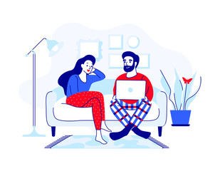 Young man and woman sitting on the couch with a laptop. Couple talking and having fun in modern cozy home. Cartoon and home furnishing vector illustration