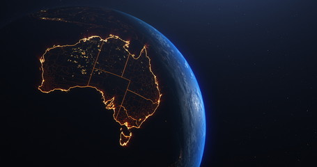 Wall Mural - Australia map outline view from space, globe planet earth, red glow color, elements of this image courtesy of NASA