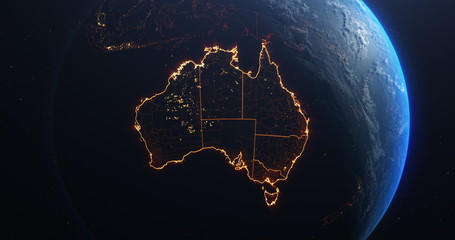 Wall Mural - Australia map outline view from space, globe planet earth, red glow color, elements of this image courtesy of NASA