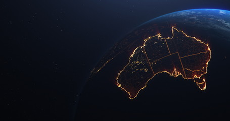 Wall Mural - Australia map outline view from space, globe planet earth, red glow color, elements of this image courtesy of NASA