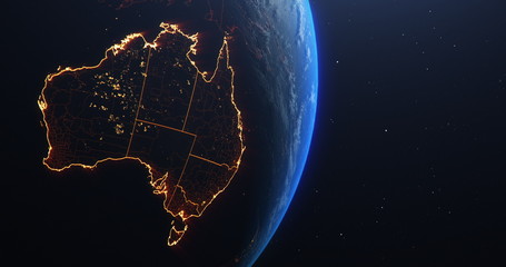 Wall Mural - Australia map outline view from space, globe planet earth, red glow color, elements of this image courtesy of NASA