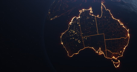 Wall Mural - Australia map outline view from space, globe planet earth, red glow color, elements of this image courtesy of NASA
