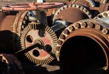 Rusty Metallic Valves And Industrial Pipelines In An Old Geothermal Power Plant, As Part Of The Industrial Waste Concept