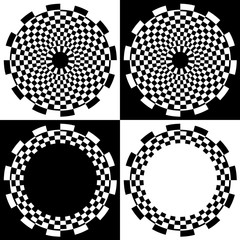 Wall Mural - Checkerboard Spiral Design Patterns and Frames, Four black and white checkerboard, abstract spiral design patterns and frames with copy space. 