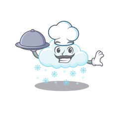 Canvas Print - Snowy cloud chef cartoon character serving food on tray