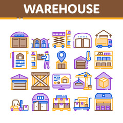 Canvas Print - Warehouse And Storage Collection Icons Set Vector. Warehouse Building And Construction, Wooden Box And Loader Car, Crane And Truck Concept Linear Pictograms. Color Illustrations