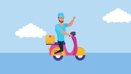 Poster - logistic delivery worker in motorcycle with box