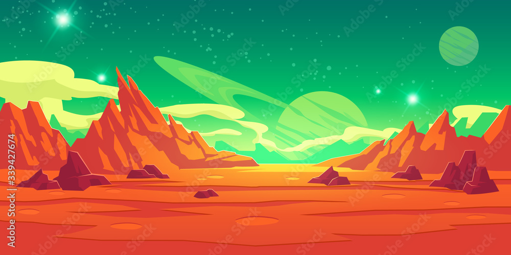 Mars landscape, alien planet background, red desert surface with mountains, craters, saturn and stars shine on green sky. Martian extraterrestrial computer game backdrop, cartoon vector illustration - obrazy, fototapety, plakaty 