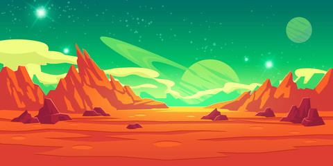 Wall Mural - mars landscape, alien planet background, red desert surface with mountains, craters, saturn and star