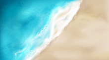Top View Of Sea Wave With Foam Splashing On Beach With Sand. Blue Ocean Foamy Water Splash On Coastline Background. Nature Surface At Summer Day, Nautical Seascape, Realistic 3d Vector Illustration