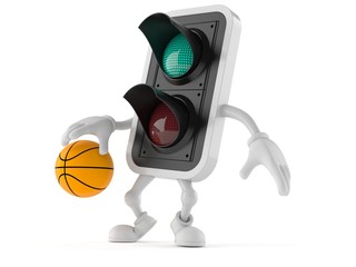 Canvas Print - Green traffic light character playing basketball