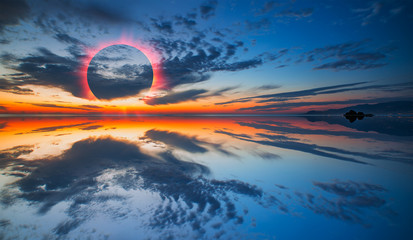 Wall Mural - Beauty sunset over the sea - Beautiful landscape with solar eclipse