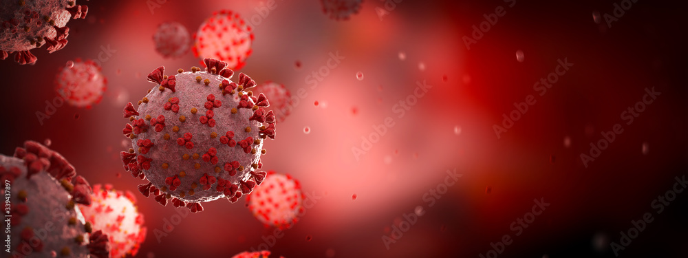 Microscopic close-up of the covid-19 disease. Coronavirus illness spreading in body cell. 2019-nCoV analysis on microscope level 3D rendering - obrazy, fototapety, plakaty 