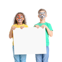 Poster - Funny children with face painting and blank poster on white background