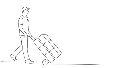 Delivery man carrying cardboard boxes on a trolley. Delivery service concept. Line drawing vector illustration.