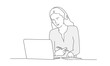 © Anna - Woman in headphones looks at a laptop. Line drawing vector illustration.