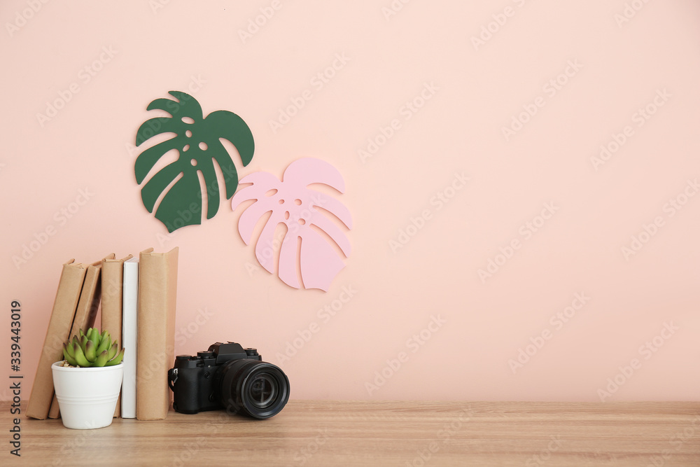 Modern stylish workplace near color wall