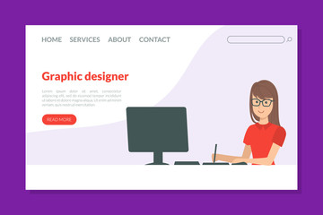 Wall Mural - Graphic Designer Landing Page Template, Young Woman Sitting at Desktop and Working on Computer, Creative People Profession or Hobby Vector Illustration