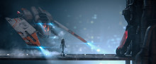 Cyborg Girl Walks On Metal Bridge To Cryo Chamber In Empty Space With View Of The Night City. Old Scratched Metal White Orange Spaceship Hovering In The Air. Assault Fighter, Gunship. 3d Illustration.