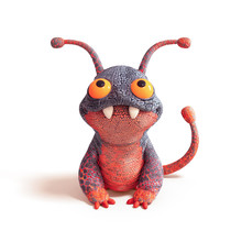 3d Illustration Of Cute Little Cartoon Grey Red Lava Monster Sitting Isolated On White Backdrop. Concept Art Character Of Smiling Frog Mutant. Alien Creature. Funny Dragon With Big Teeth And Antennas