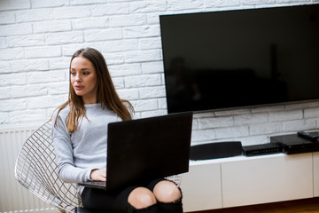 Wall Mural - Beautiful young woman using laptop at home