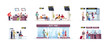 © IMG visuals icons - Airport terminal flat vector illustrations set. Luggage security control. Duty free shop. Registration desk, tickets sale counter. Airplane passengers isolated cartoon characters kit