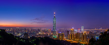 Panorama View Of Taipei City Skyscrapers In Sunset From Elephant Or Xiangshan Mountain. Landmark Of Taiwan. Cityscape In Twilight Time, Teipei. Taiwan