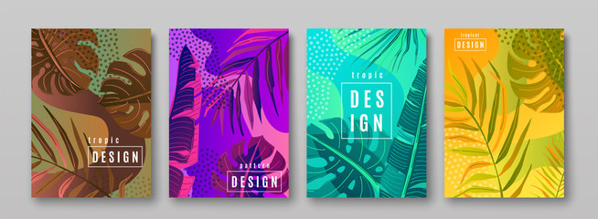 Tropic pattern set. Collection of tropical backgrounds in simple minimal flat style with jungle plants banana, palm, monstera leaves, bright liquid shapes and grunge dot textures