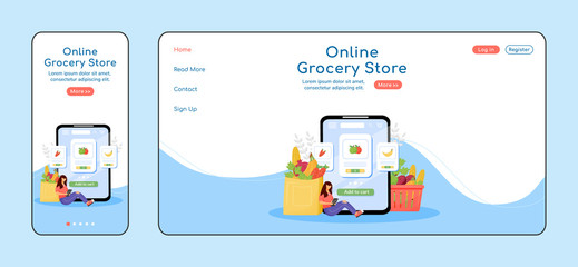 Online grocery store adaptive landing page flat color vector template. Internet order mobile and PC homepage layout. Fresh greens one page website UI. Fruits and veggies webpage cross platform design