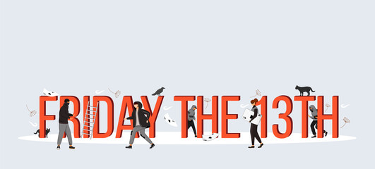 Wall Mural - friday the 13th word concepts flat color vector banner. isolated typography with tiny cartoon charac