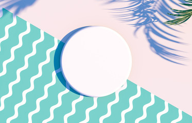 Leinwandbilder - Natural Empty white cylinder box on summer scene background with tropical palm leaves. for cosmetic product display. Flat lay. Top view. 3d render.