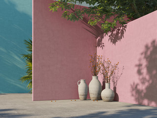 Bright painted blue and pink wall with green tropical leaves, sunlight with shadows. Summer, spring background. 3d rendering.