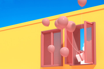 Aufkleber - Minimal abstract building with pink window and floating balloons on blue sky background, Architectural design with shade and shadow on pink texture. 3D rendering.