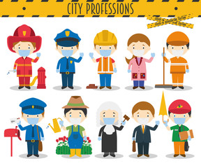 Wall Mural - Covid 19 Health Emergency Special Edition: Vector Set of City Professions with surgical masks and latex gloves in cartoon style