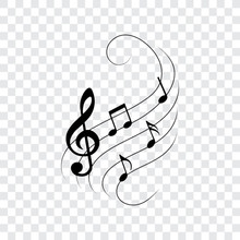 Music Notes On Wavy Lines With Swirls, Vector Illustration.
