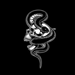 Wall Mural - skull and snake vector illustration. tattoo design. inking black work. hand draw. for t-shirt, card, logo, and wallpaper