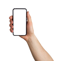 man hand holds smartphone with white screen. isolated